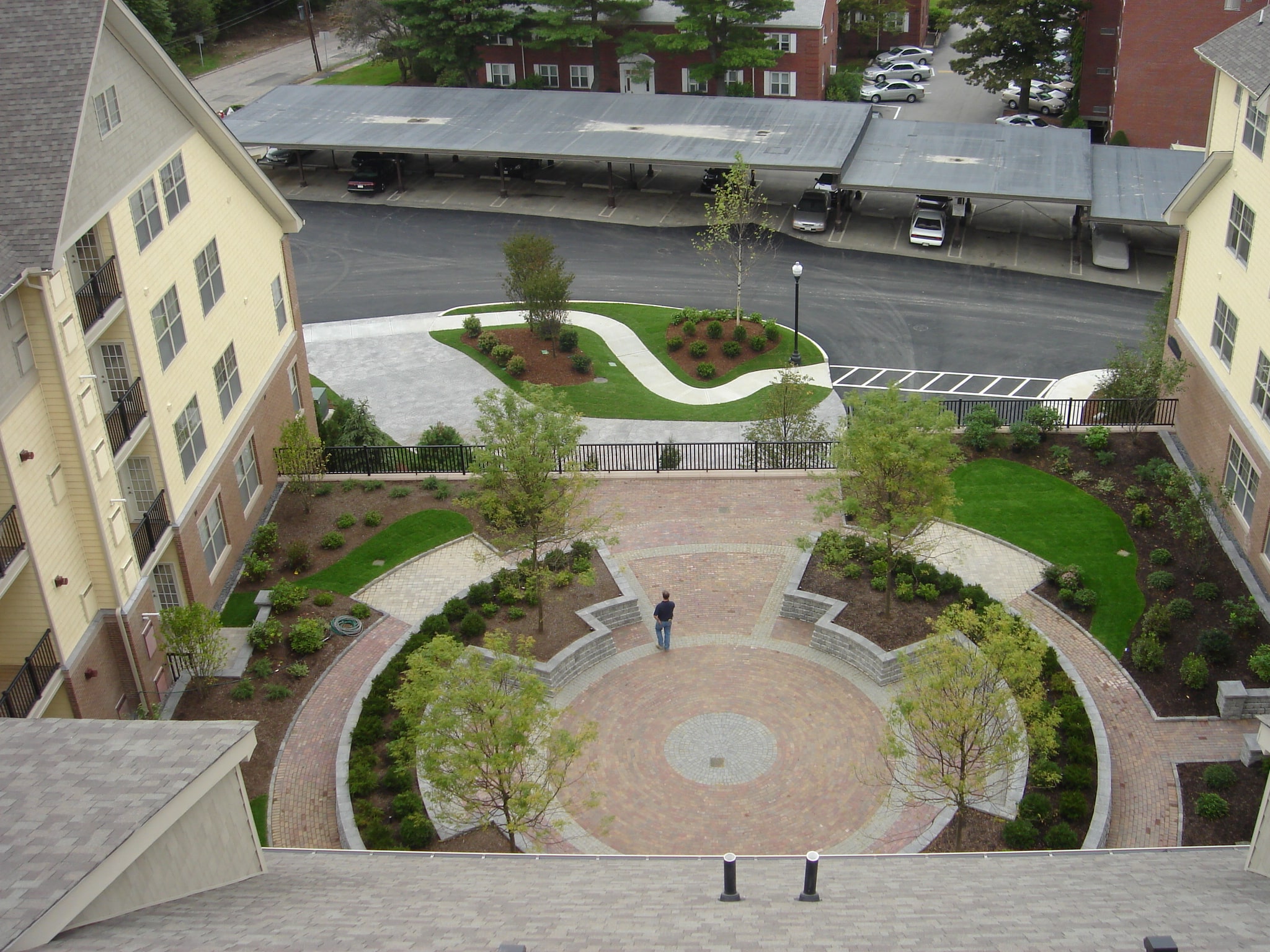 Aerial view of plaza with trees maintained by Greenscape.