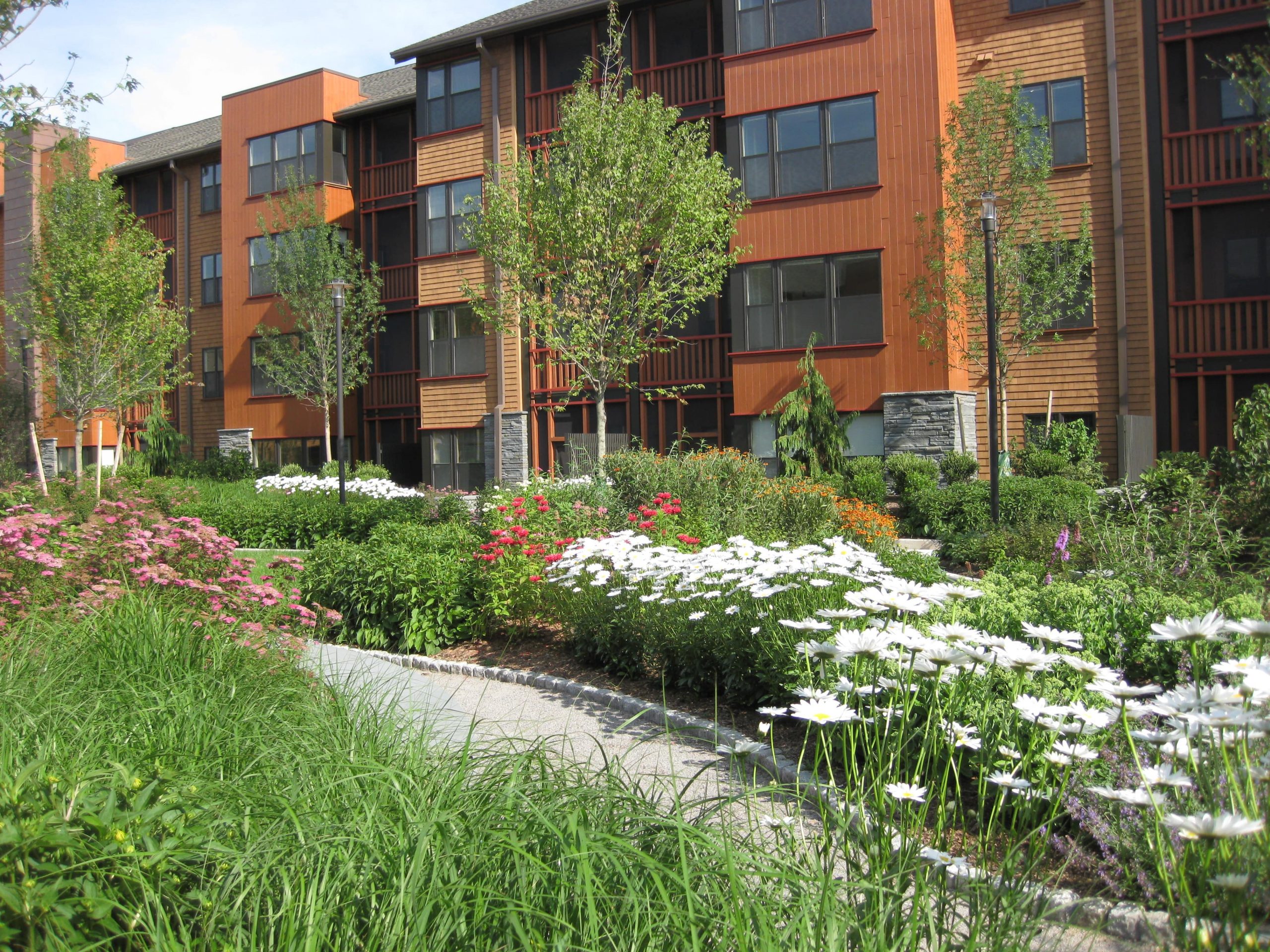 Residential walkway landscaped on either side with flowers and other plants.