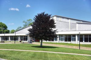 Freshly cut grass in a courtyard at Tabor Academy.