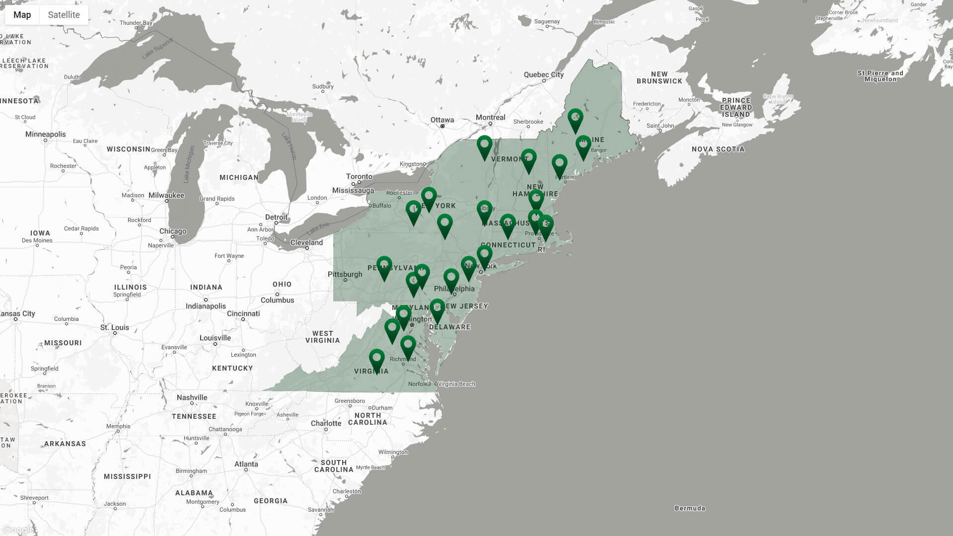 Map of the United States' eastern coast with pins placed in all the locations Greenscape services.
